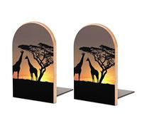 Wood Book End Two Giraffes Over Sunrise Wild Tree Book Shelf Holder Non-Slip Wooden Bookends Stand for Shelves Home Office Library Study