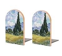 Wood Book End Wheat Field Van Gogh Bookends for Shelves to Hold Books Heavy Duty Non-Slip Book Stoppers Wood Decorative Home Office