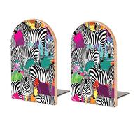 Wood Book End Zebra Skin Animal Texture on Colorful Abstract Paint Background Book Shelf Holder Non-Slip Wooden Bookends Stand for Shelves Home Office Library Study
