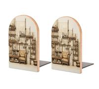 Wood Book Ends for Shelves,Sketch of The Shelfprinted Decorative Bookends with Metal Non-Slip Base Book Stopper for Home Office Library (1 Pair)