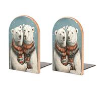 Wood Book Ends for Shelves,Two Polar Bears Printed Wooden Bookends Heavy Duty Desktop Organize Books with Metal Base Non-Slip