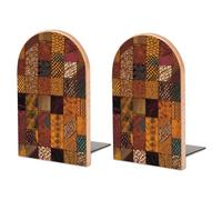 Wood Bookends for Heavy Books - African Style Patchwork Bookends Heavy Duty Decorative Book Ends Rustic Shelf Organizer Sturdy Non-Slip Book Holder for Home Office Library (1 Pairs)