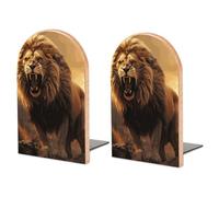 Wood Bookends for Heavy Books - Angry Roaring Lion Bookends Heavy Duty Decorative Book Ends Rustic Shelf Organizer Sturdy Non-Slip Book Holder for Home Office Library (1 Pairs)