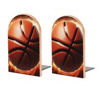 Wood Bookends for Heavy Books - Basketball On Fire Bookends Heavy Duty Decorative Book Ends Rustic Shelf Organizer Sturdy Non-Slip Book Holder for Home Office Library (1 Pairs)
