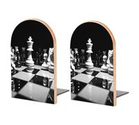 Wood Bookends for Heavy Books - Black and White Chess Bookends Heavy Duty Decorative Book Ends Rustic Shelf Organizer Sturdy Non-Slip Book Holder for Home Office Library (1 Pairs)