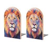 Wood Bookends for Heavy Books - Colorful Lion Painting Bookends Heavy Duty Decorative Book Ends Rustic Shelf Organizer Sturdy Non-Slip Book Holder for Home Office Library (1 Pairs)