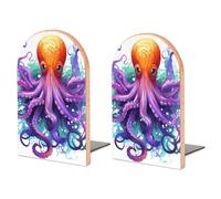 Wood Bookends for Heavy Books - Colorful Octopus Bookends Heavy Duty Decorative Book Ends Rustic Shelf Organizer Sturdy Non-Slip Book Holder for Home Office Library (1 Pairs)