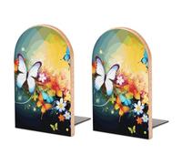 Wood Bookends for Heavy Books - Colorful with Butterfly Bookends Heavy Duty Decorative Book Ends Rustic Shelf Organizer Sturdy Non-Slip Book Holder for Home Office Library (1 Pairs)