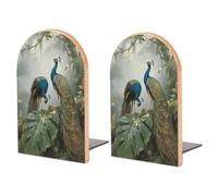 Wood Bookends for Heavy Books - Elegant Colorful Peacock Bookends Heavy Duty Decorative Book Ends Rustic Shelf Organizer Sturdy Non-Slip Book Holder for Home Office Library (1 Pairs)