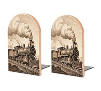 Wood Bookends for Heavy Books - Etching Train Bookends Heavy Duty Decorative Book Ends Rustic Shelf Organizer Sturdy Non-Slip Book Holder for Home Office Library (1 Pairs)