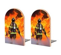 Wood Bookends for Heavy Books - Firefighter Fireman Flame Bookends Heavy Duty Decorative Book Ends Rustic Shelf Organizer Sturdy Non-Slip Book Holder for Home Office Library (1 Pairs)