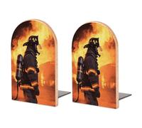 Wood Bookends for Heavy Books - Firefighter Fireman Flame Bookends Heavy Duty Decorative Book Ends Rustic Shelf Organizer Sturdy Non-Slip Book Holder for Home Office Library (1 Pairs)