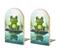 Wood Bookends for Heavy Books - Frog in A Pond Bookends Heavy Duty Decorative Book Ends Rustic Shelf Organizer Sturdy Non-Slip Book Holder for Home Office Library (1 Pairs)