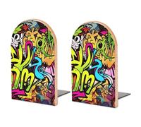 Wood Bookends for Heavy Books - Graffiti Drawing Bookends Heavy Duty Decorative Book Ends Rustic Shelf Organizer Sturdy Non-Slip Book Holder for Home Office Library (1 Pairs)