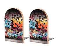 Wood Bookends for Heavy Books - Graffiti Hip Hop Bookends Heavy Duty Decorative Book Ends Rustic Shelf Organizer Sturdy Non-Slip Book Holder for Home Office Library (1 Pairs)