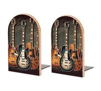 Wood Bookends for Heavy Books - Guitars Art Bookends Heavy Duty Decorative Book Ends Rustic Shelf Organizer Sturdy Non-Slip Book Holder for Home Office Library (1 Pairs)