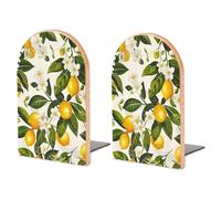 Wood Bookends for Heavy Books - Lemons and Flowers Bookends Heavy Duty Decorative Book Ends Rustic Shelf Organizer Sturdy Non-Slip Book Holder for Home Office Library (1 Pairs)