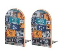 Wood Bookends for Heavy Books - License Plate Bookends Heavy Duty Decorative Book Ends Rustic Shelf Organizer Sturdy Non-Slip Book Holder for Home Office Library (1 Pairs)