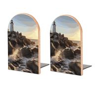 Wood Bookends for Heavy Books - Lighthouse Rocks Seaside Bookends Heavy Duty Decorative Book Ends Rustic Shelf Organizer Sturdy Non-Slip Book Holder for Home Office Library (1 Pairs)