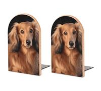 Wood Bookends for Heavy Books - Long Haired Dachshund Bookends Heavy Duty Decorative Book Ends Rustic Shelf Organizer Sturdy Non-Slip Book Holder for Home Office Library (1 Pairs)