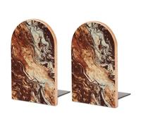 Wood Bookends for Heavy Books - Marble Mixed Brown Bookends Heavy Duty Decorative Book Ends Rustic Shelf Organizer Sturdy Non-Slip Book Holder for Home Office Library (1 Pairs)