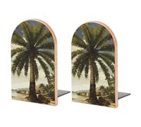 Wood Bookends for Heavy Books - Palm Tree Tropical Bookends Heavy Duty Decorative Book Ends Rustic Shelf Organizer Sturdy Non-Slip Book Holder for Home Office Library (1 Pairs)