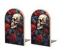 Wood Bookends for Heavy Books - Skull Image Poster Bookends Heavy Duty Decorative Book Ends Rustic Shelf Organizer Sturdy Non-Slip Book Holder for Home Office Library (1 Pairs)