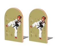 Wood Bookends for Heavy Books - Taekwondo Design Bookends Heavy Duty Decorative Book Ends Rustic Shelf Organizer Sturdy Non-Slip Book Holder for Home Office Library (1 Pairs)