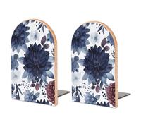 Wood Bookends for Heavy Books - Watercolor Dark Blue Pattern Bookends Heavy Duty Decorative Book Ends Rustic Shelf Organizer Sturdy Non-Slip Book Holder for Home Office Library (1 Pairs)