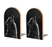 Wood Bookends for Heavy Books - Wolf Facing The Moon Bookends Heavy Duty Decorative Book Ends Rustic Shelf Organizer Sturdy Non-Slip Book Holder for Home Office Library (1 Pairs)