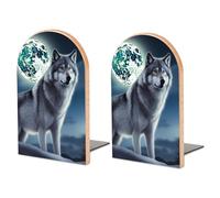 Wood Bookends for Heavy Books - Wolf Under Moon Bookends Heavy Duty Decorative Book Ends Rustic Shelf Organizer Sturdy Non-Slip Book Holder for Home Office Library (1 Pairs)
