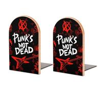 Wood Bookends, Punk Rock Set Skull PunksDead Words Red Black Bookends for Shelves, Office Supplies Bookshelf Decor Desktop Organize for Home Library, 1 Pair