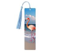 Wood Bookmark for Men Women Personalized Wooden Carving Book Mark with Tassel Pendant Pink Flamingo Walking on The Beach Bookmark for Book Lovers Birthday Present Students Teachers Gift