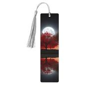 Wood Bookmark for Men Women Personalized Wooden Carving Book Mark with Tassel Pendant Red Tree Lake Moon Bookmark for Book Lovers Birthday Present Students Teachers Gift