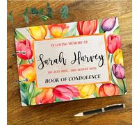 Wood Bright Tulips Sympathy in Loving Memory Funeral Condolence Guest Book | Personalised Funeral Condolence Book | Message Book | Keepsake Book | Funeral Guest Book | Sympathy Book