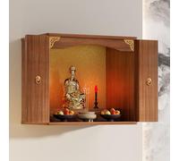 Wood Buddha Altar Cabinet, Wall-Mounted Shrine with Doors for Meditation, Personal Offering Table, Ideal for Living Room, Bedroom, Office, Teak Finish