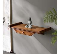 Wood Buddhist Altar Table with Pull-Out Drawer Wall-Mounted Hand-Carved Buddha Shrine Shelf for Home Pooja Incense Tribute
