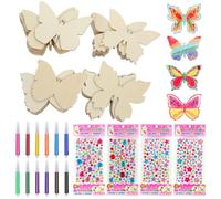 Wood Butterfly Crafts,Natural Unfinished Butterfly Slices,DIY Painting Set,40 Piece Set Includes Wooden Butterfly,Diamond Stickers and Watercolor Pens,for Kids Painting DIY Craft