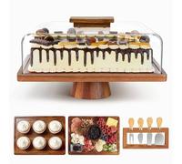 Wood Cake Stand with Lid, Rectangular Cake Holder with Baking Tools, 6-in-1 Multi-Functional Serving Platter for Cheese, Chips, Fruit Platter, Cake Display Stand for Birthday/Kitchen/Party/Wedding