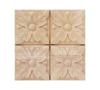 Wood Carved Appliques Exquisite Checkered Embossed Decals for Furniture Home Decoration Rubber Wood 6x6cm 4Pcs (Style 1)