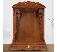 Wood Carved Meditation Altar Table with Pull-Out Panel, Buddha Statue Display Stand for Pooja Incense Tribute