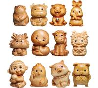Wood Carving Miniature Sculptures 12 Zodiac Ornaments Rat Rabbit Dragon Snake Horse Sheep Monkey Chicken Dog Pig Statues