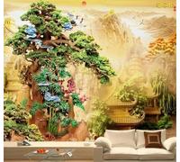 Wood Carving Pine Tree Flying Birds Mountain Peaks Landscape 3D Wallpaper Silky Texture Home Study Office Grey Dining Room Sofa Bedroom Living Room TV Backdrop-150cm×105cm