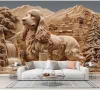 Wood Carvings Animals Landscapes Mural Wallpaper for Living Room Decor | Brown Wall Mural, Cocker Spaniel Mountains Buildings Wall Art, Silk Photo Wallpaper for Bedroom, 3D Effect, 400×280 CM