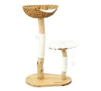 Wood Cat Tree with Rattan Nest & Perch, Rotatable Corner Cat Tower with Scratching Post, Cats Condo Furniture for Large Cats(White,No nest)