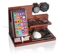 Wood Cell Phone Charge Docking Station Ash Key Wallet Holder Watch Stand Glasses Holder Purse Organizer Nightstand Men Husband Wife Anniversary Dad Birthday Gift Father Male Graduation Idea Gadgets