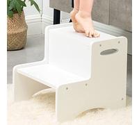 WOOD CITY Toddler Step Stool, Wooden 2 Step Stools for Bathroom Sink Potty Training Kitchen Dual Height Stool Helper for Kids Bonus Non-Slip Pads and Handles for Safety (White)