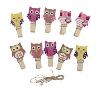 Wood Clips Clothespins with Burlap Rope Owl Shape 10pcs for Photos | Rustic Owl Pattern Pins, Wall Memo Holder, Game Favors Craft, Decorative Wooden Set