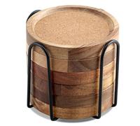 Wood Coasters for Drinks Absorbent with Holder, Set of 6, Acacia Wood Cork Coaster Rustic Coasters, Coffee Table Dining Table Wooden Table Coasters Absorbent and Insulation Cork Stackable Cup Holders