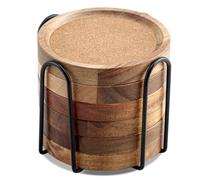 Wood Coasters for Drinks Absorbent with Holder, WLWNWFT Acacia Wood Cork Coaster Rustic Coasters for Coffee Table Dining Table Wooden Table Coasters for Farmhouse Desk, Set of 6